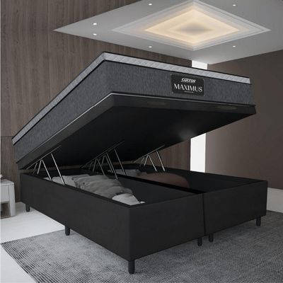 Cama Box Baú Casal Queen Colchão Gazin Maximus Molas Ensacadas 158x198x65cm Cinza-Preto Suporta até 120Kg por Pessoa