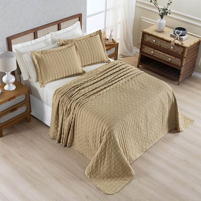 Kit Colcha Cobre Leito Plissê Casal Seersucker Premium 3 Peças Maciez e Leveza com Textura 3D Bege Mel