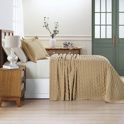 Kit Colcha Cobre Leito Plissê Casal Seersucker Premium 3 Peças Maciez e Leveza com Textura 3D Bege Mel