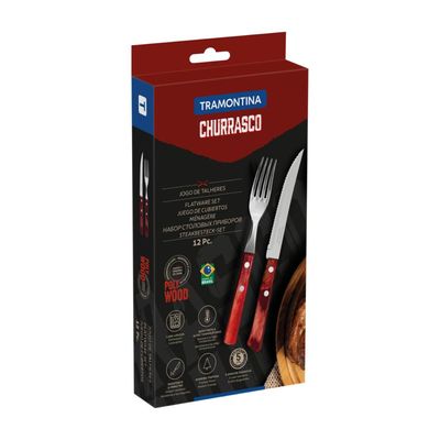 Jogo de Talheres para Churrasco Tramontina em Aço Inox com Cabo Vermelho Polywood 12 Peças