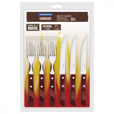 Jogo de Talheres para Churrasco Tramontina em Aço Inox com Cabo Vermelho Polywood 12 Peças