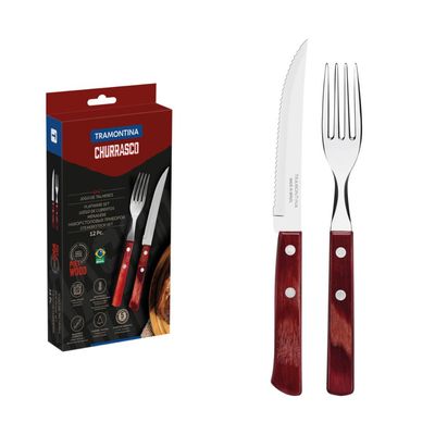 Jogo de Talheres para Churrasco Tramontina em Aço Inox com Cabo Vermelho Polywood 12 Peças
