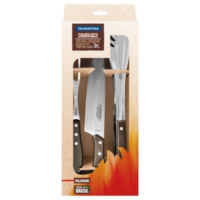 Jogo para Churrasco Tramontina em Aço Inox com Cabo Castanho Polywood 3 Peças