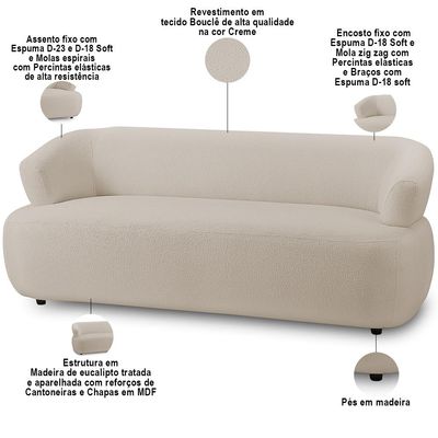 Kit Sofá 3 Lugares Para Sala 198cm Com 01 Poltrona Orgânica Florea M05 Bouclê Creme - Lyam Decor