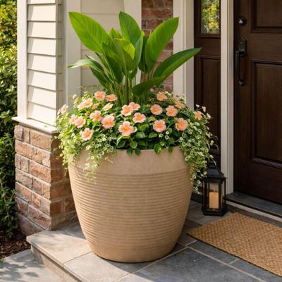Vaso Egípcio 54cm Flores Acabamento Granito Areia Tramontina para Folhagens Cachepô Grande