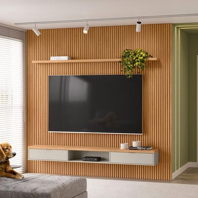 Painel Ripado Para TV 75 Pol Slats e Bancada Lisa 258x250cm L05 Nature Off White - Lyam Decor