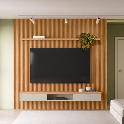 Painel Ripado Para TV 75 Pol Slats e Bancada Lisa 258x250cm L05 Nature Off White - Lyam Decor