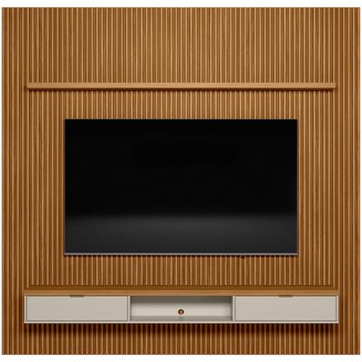 Painel Ripado Para TV 75 Pol Slats e Bancada Lisa 258x250cm L05 Nature Off White - Lyam Decor