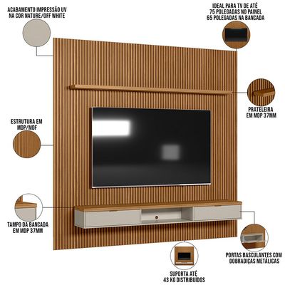 Painel Ripado Para TV 75 Pol Slats e Bancada Lisa 258x250cm L05 Nature Off White - Lyam Decor