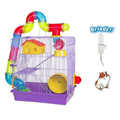 Gaiola Hamster 3 Andares Tubo Super Luxo Lilás + Bebedouro