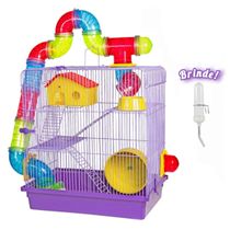 Gaiola Hamster 3 Andares Tubo Super Luxo Lilás + Bebedouro