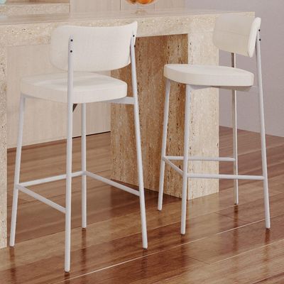 Kit 03 Banquetas Alta Bar Cozinha Sala De Jantar Aço Branco Kaira C01 Linho Palha - Lyam Decor