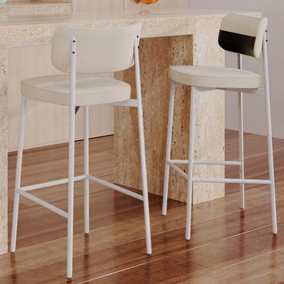 Kit 05 Banquetas Alta Bar Cozinha Sala De Jantar Aço Branco Kaira C01 Linho Areia Courino Preto - Lyam Decor