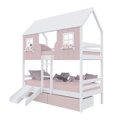 Beliche Casinha Encantada Com 02 Gavetas Kit Escada/ Escorregador Madeira Maciça Rosa/ Branco Megamobilia