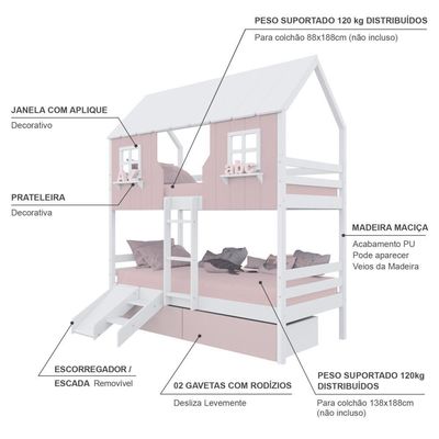 Beliche Casinha Encantada Com 02 Gavetas Kit Escada/ Escorregador Madeira Maciça Rosa/ Branco Megamobilia