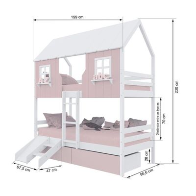 Beliche Casinha Encantada Com 02 Gavetas Kit Escada/ Escorregador Madeira Maciça Rosa/ Branco Megamobilia