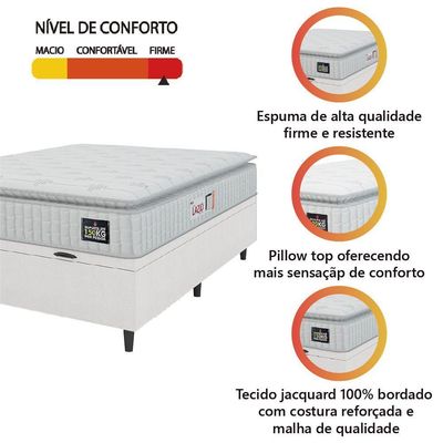 Cama Box Baú Colchão Casal Espuma D45 Lazio Pillow Top 138x188x70cm Linho Branco Hellen Branco