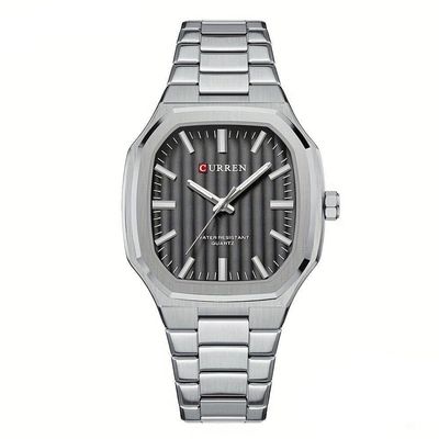 Relógio De Pulso Masculino Minimalista Quadrado De Quartzo De Aço Inoxidável Preto Prateado