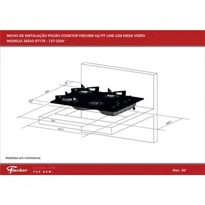 Fogão Cooktop Fischer 4 Queimadores Fit Line Gás Mesa Vidro 26342-57175 Preto Bivolt