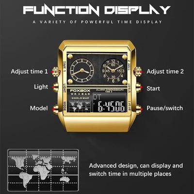 Relógio Quadrado Criativo para Homens Dual display Preto