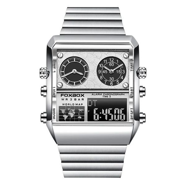 Relógio Quadrado Criativo para Homens Dual display Prata Branca