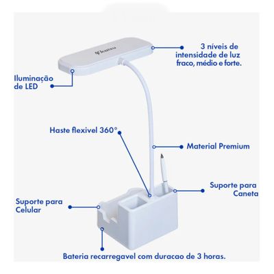 Luminária de Mesa LED Recarregável com Suporte para Celular - 3 Níveis de Luz, Porta Canetas