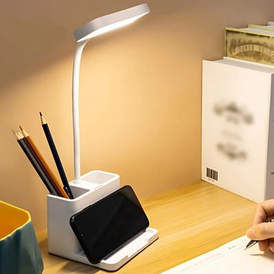 Luminária de Mesa LED Recarregável com Suporte para Celular - 3 Níveis de Luz, Porta Canetas