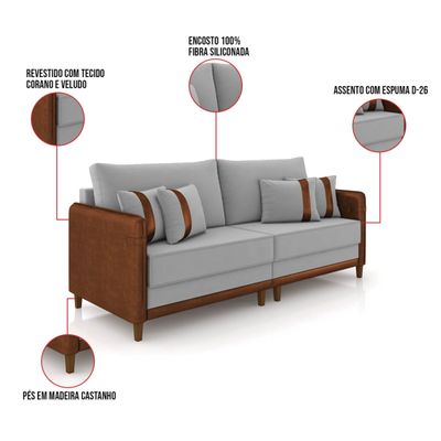 Sofá 3 Lugares Living 192cm Pé Madeira Valença Marrom/Veludo Cinza K01 - D'Rossi