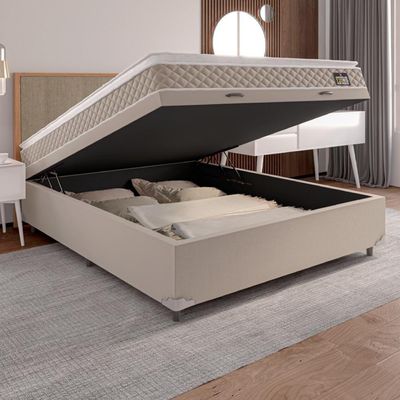Cama Box Baú Casal Colchão D33 Pillow Top Millenium 138x188x57cm Bege - Suporta Até 100kg Por Pessoa