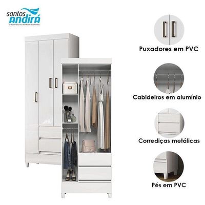 Guarda Roupa Solteiro 3 Portas Com Pés Fit Branco Brilho - Santos Andirá
