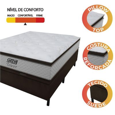 Cama Box Baú Casal Colchão Molas Pocket Ensacadas Tower 138x188x75cm Branco - Marrom Gazin