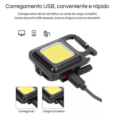 Mini Lanterna Mosquetão Chaveiro Led Holofote Multifuncional Usb Único / Preto