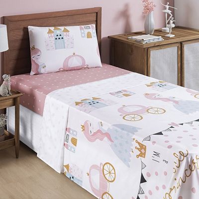 Jogo Cama Lençol Fantasy Solteiro Cama Quarto Infantil Microfibra 3 Peças Princesinha Rosa