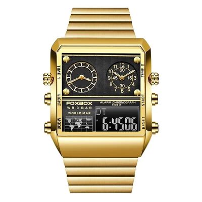 Relógio Quadrado Criativo para Homens Dual display Ouro