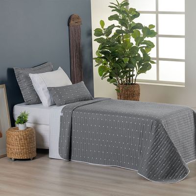 Kit Cobre Leito Solteiro + Almofada 4 Peças Bordado Urbany Hipercal 400 Fios 100% Poliéster - Cinza