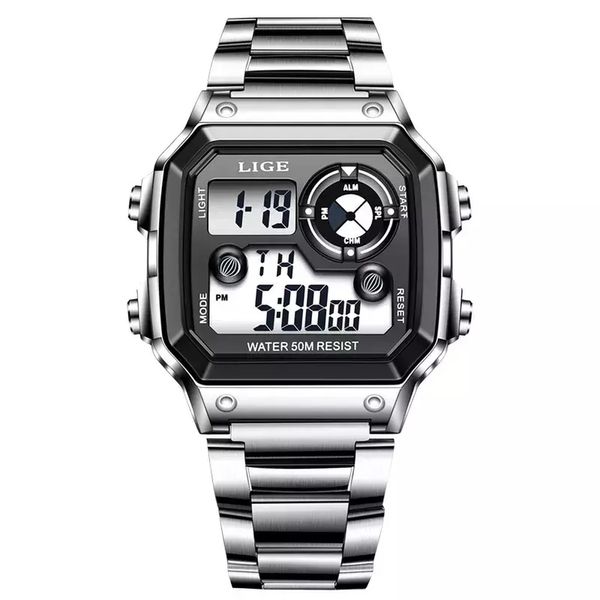 Relógio Quadrado Masculino Lige 8921 Digital Prova d'Água Prata