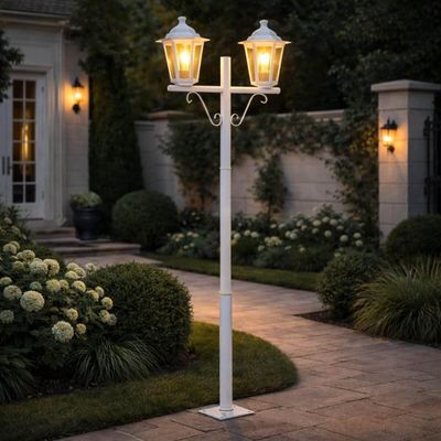 Poste de Jardim Duplo Externo Colonial Branco 1,61m Alumínio E27 Lente Transparente Grega Dital