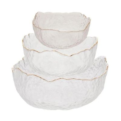 Kit 03 Bowls De Cristal Martelado Com Borda Dourada Taj Wolff