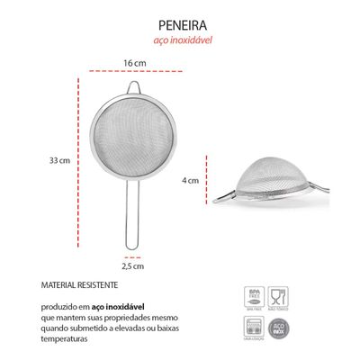 Peneira Inox Cabo Aço Cozinha Confeitaria 16cm