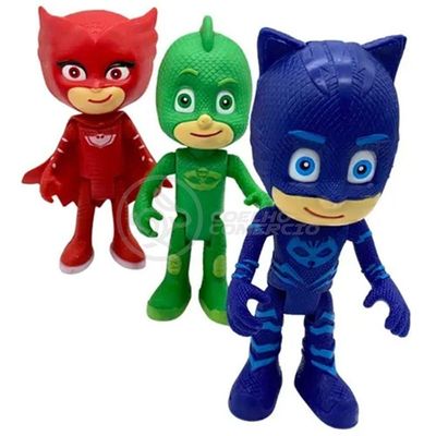 Kit 3 Bonecos Brinquedos Pjmasks Grande Articulados 14cm-Menino Gato, Corujita, Lagartixo