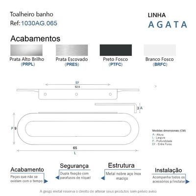 Porta Toalha Toalheiro Para Banheiro Escovado Agata 65cm