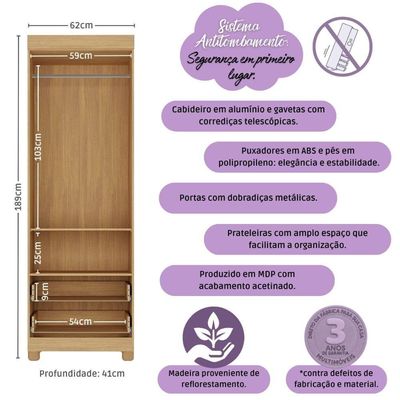 Guarda-roupa Infantil 62cm 2 Portas E 2 Gavetas Allegra Multimóveis Mp4441 Madeirado/branco Madeirado/branco
