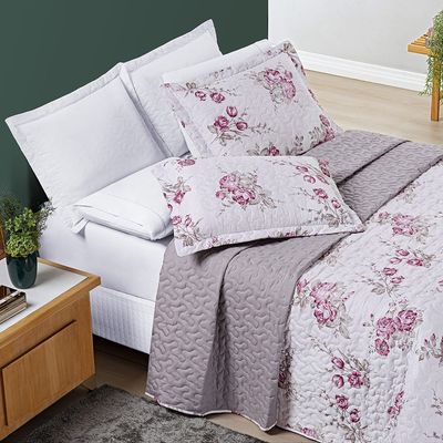 Kit Cobre Leito Colcha Júlia Solteiro 02 Peças MicroPercal 200 Fios DuplaFace Estampa Floral - Lilac