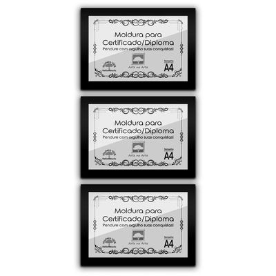 Kit 3 Certificados/Diplomas A4 Com Tela De Acetato E Mdf Titulo Moldura Preta