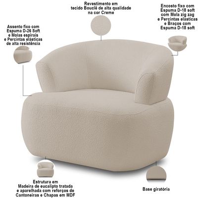 Poltrona Giratória Orgânica Para Sala Living Florea M05 Bouclê Creme - Lyam Decor