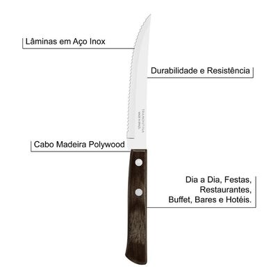 Kit 3 Facas De Churrasco Tramontina Polywood Inox Cabo Castanho