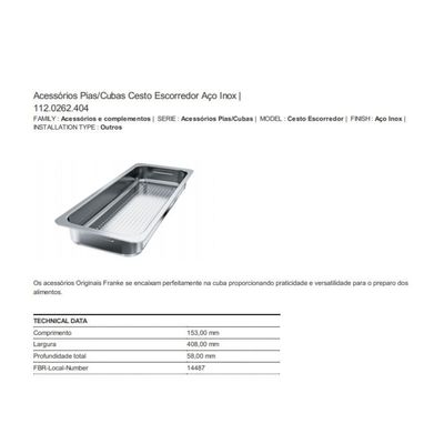 CESTO ESCORREDOR INOX PARA CUBA BOX - FRANKE (REF.14487)