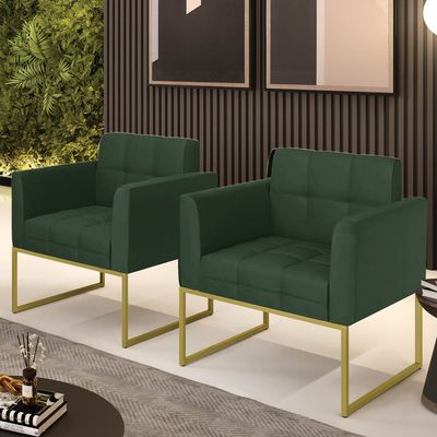 Poltrona Sala Decorativa Elisa Base Industrial Dourada Sintético PU Verde D03 - D'Rossi