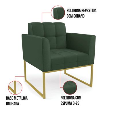Poltrona Sala Decorativa Elisa Base Industrial Dourada Sintético PU Verde D03 - D'Rossi