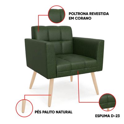 Poltrona Sala Decorativa Elisa Pé Palito Natural Sintético PU Verde D03 - D'Rossi